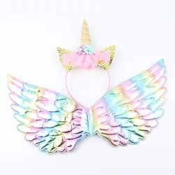 Rainbow Angel Wings Unicorn Headband Costume Hairband Set Unicorn Theme Girls Birthday Baby Shower Performance Decor Photo Props