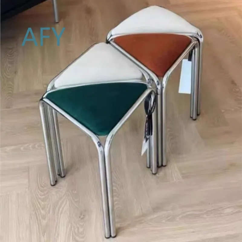 Antique Vanity Stool for Home Decor for Dining Room for Bedroom for Living Room Stainless Steel Triangular Frame Fabric