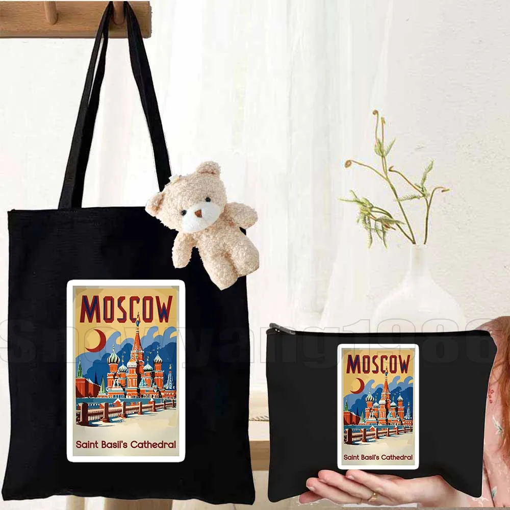 3pcs Vintage Travel Art of Moscow Russia Retro Soviet Matryoshka Russian Canvas Shoulder Totes Bag Handbags Cotton Shopping Bag