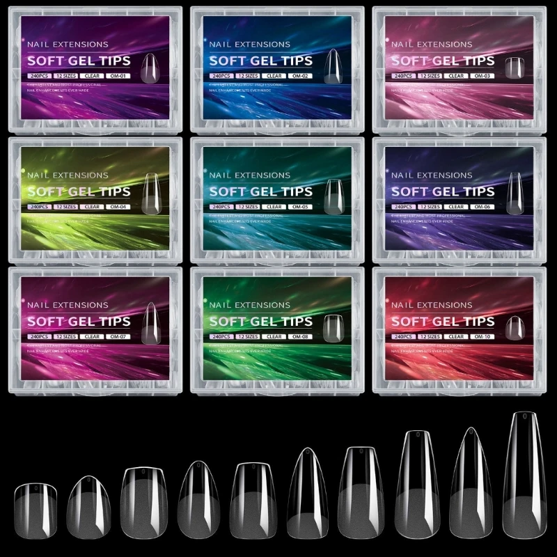 Almond Shape Gel Nail Tips Set 240pcs Full Coverage Clear Nail Extensions Easy Apply 12 Size for Acrylic Nails