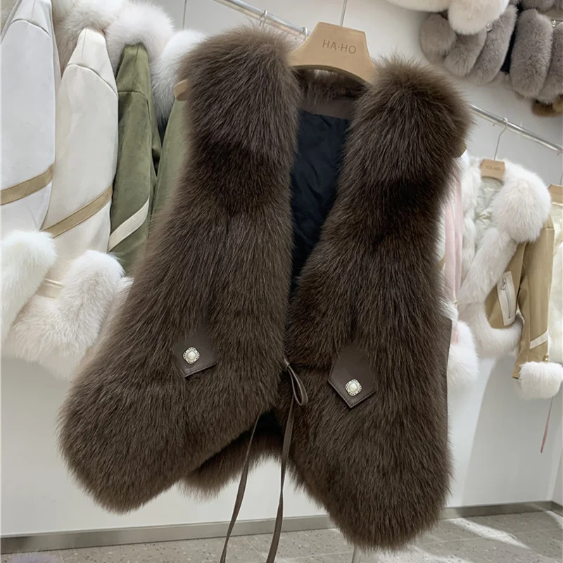 

2023 New Autumn Winter Women's Vest Real Natural Fox Fur Coat Thick Warm Mid Length Waistcoat Luxury Female Jacket outerwear