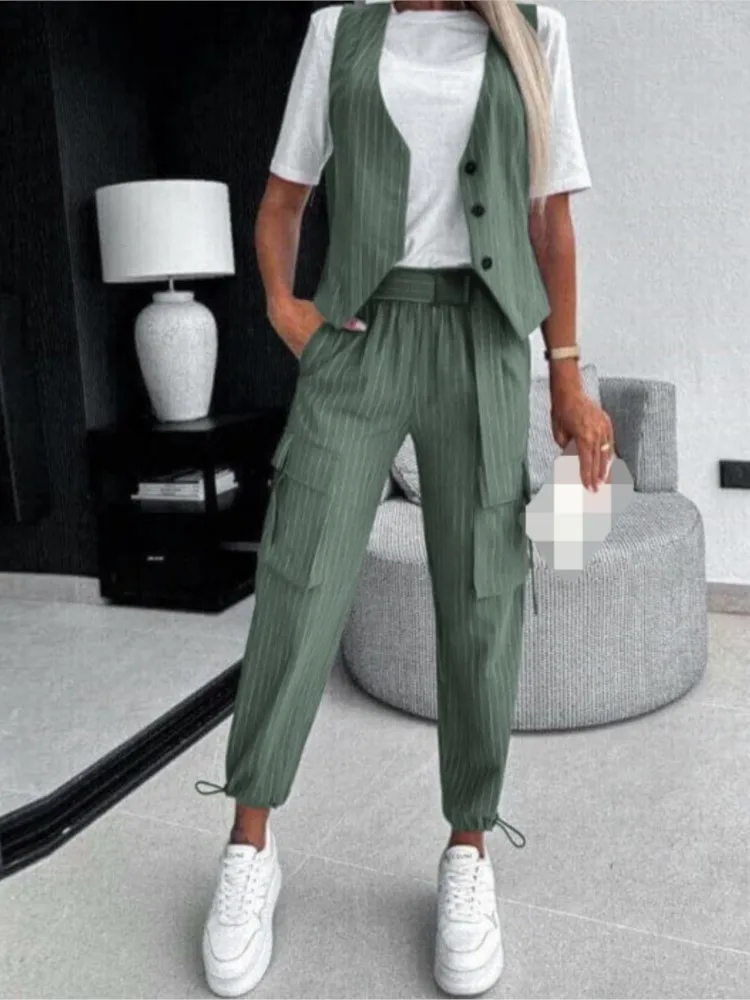 

Sleeveless Single Breasted Vest Pants Two-piece Set For Spring New Women's Casual Fashion Striped Printed Vest Pants Set