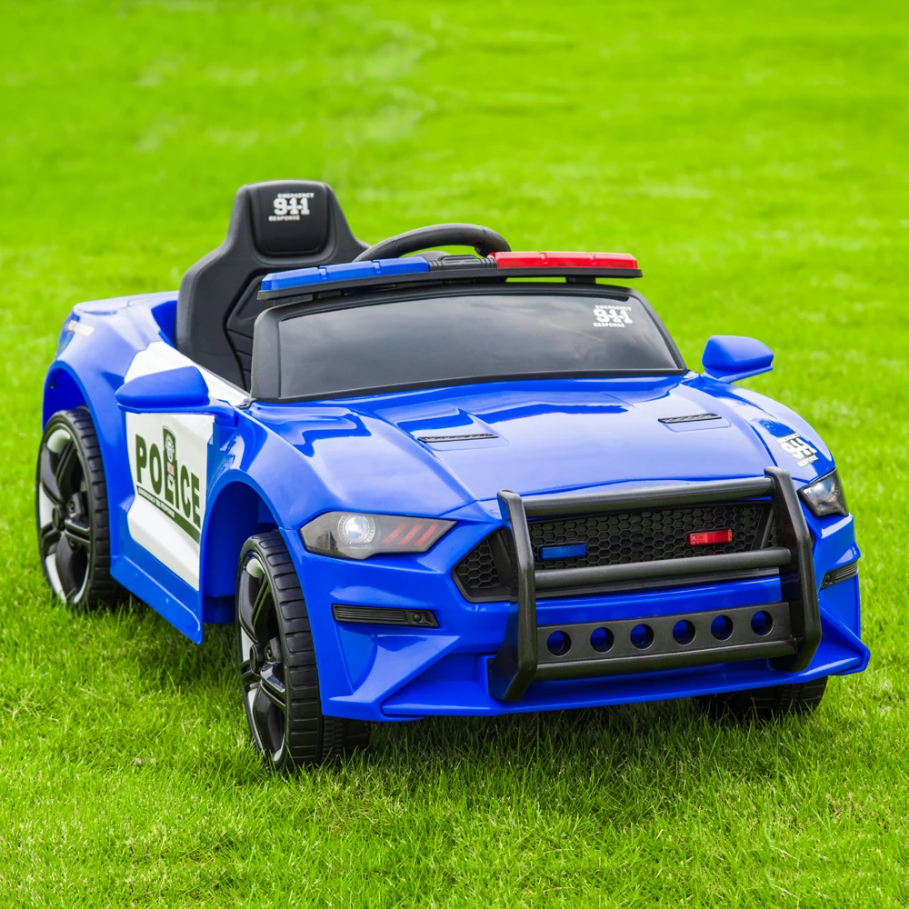 Voiture de sport de police pour enfants, télécommande 2.4GHz, lumières LED, sirène, microphone, bleu, 12V