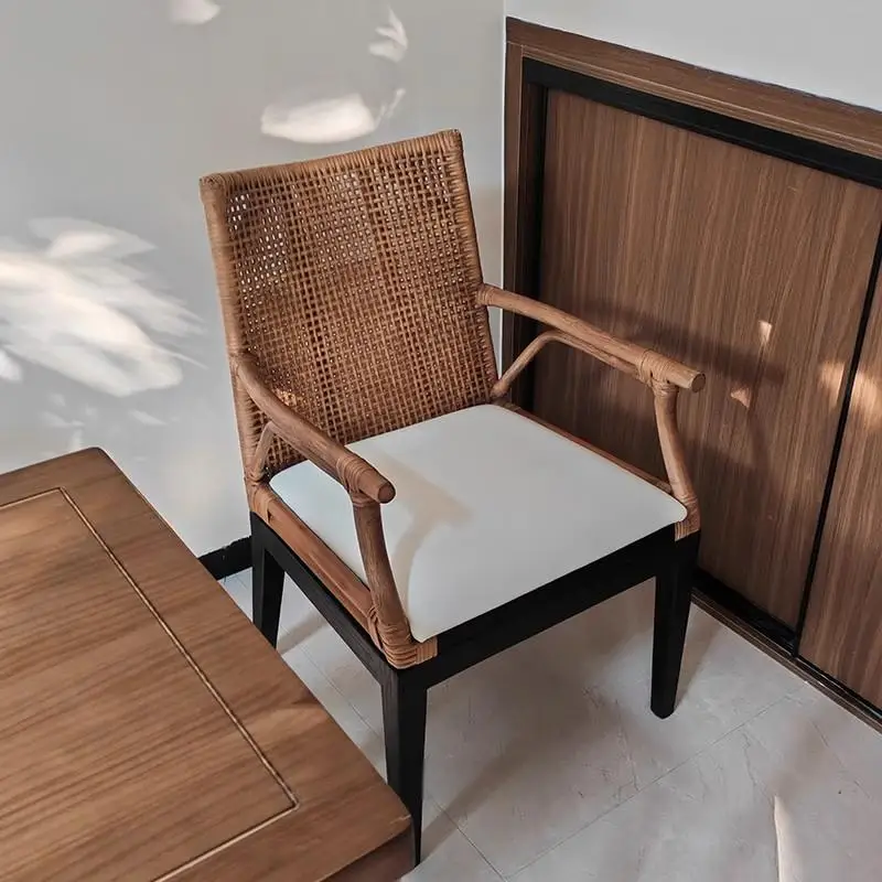 

Modern Design Solid Wood Armchairs With Retro Backrest Stylish Rattan Dining Chairs For Hotels And Home Furniture