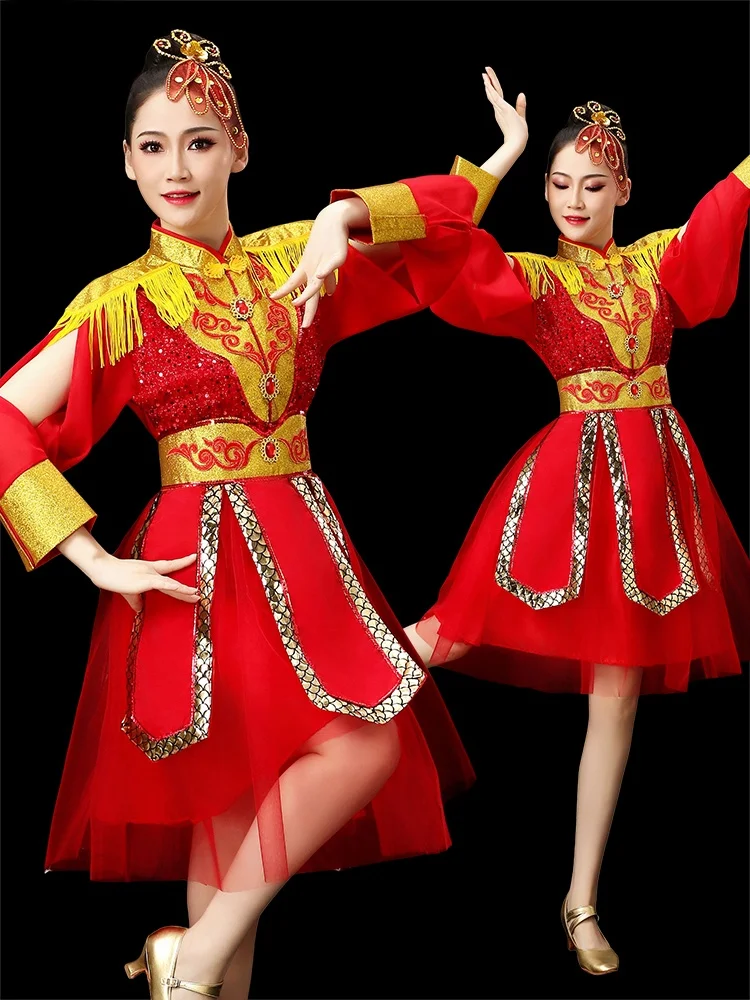 

Красный женский костюм для выступлений, новый, праздничный, для танца дракона, танца урожая риса, для церемонии открытия