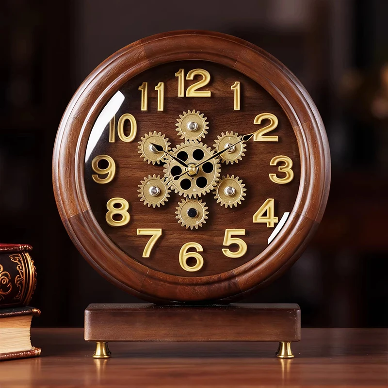 Wooden Table Clocks Luxury Retro Living Room Clocks Desktop Decorative Machinery Clock Home Study Solid Wood Desk Clock Decor