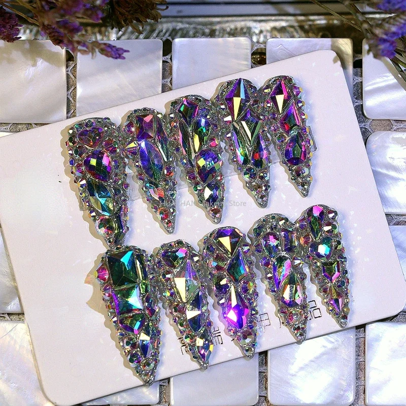 

Handmade Bling Rhinestone Press On Nails False Nails Tips Glittery Full Cover Long Stiletto Coffin Acrylic Fake Nail With Glue