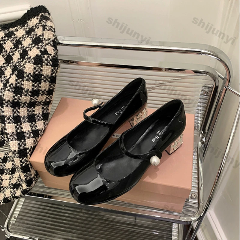 Women Silver Thick Heels Mary Jane Shoes Women Round Toe Buckle Rhinestone Strap Square Toe Pumps Female Chunky Mary Jane Pumps