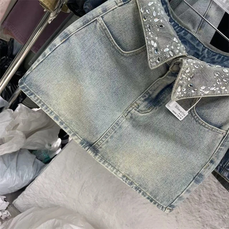 Cool Lapel Rhinestones Short Jean Skirt for Women 2024 Summer New Hot Girl Diamond High Waist Light Blue Denim A-Line Skirts