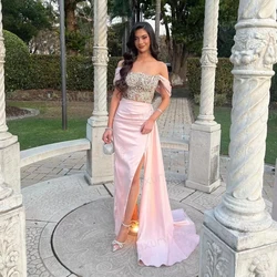 Modern Pink Evening Dresses Women's Mermaid Sexy Appliques Prom Gowns Sleeveless Off Shoulder Party Side Split Fashion Vestidos