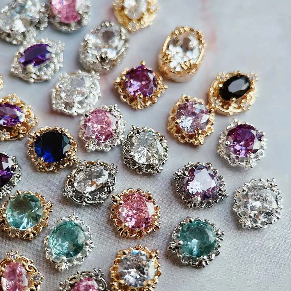 10 Uds. De gota ovalada rosa, negra y azul, circonita redonda, plata brillante, decoraciones de joyería para uñas, accesorios para decoración de uñas, suministros de piezas de dijes