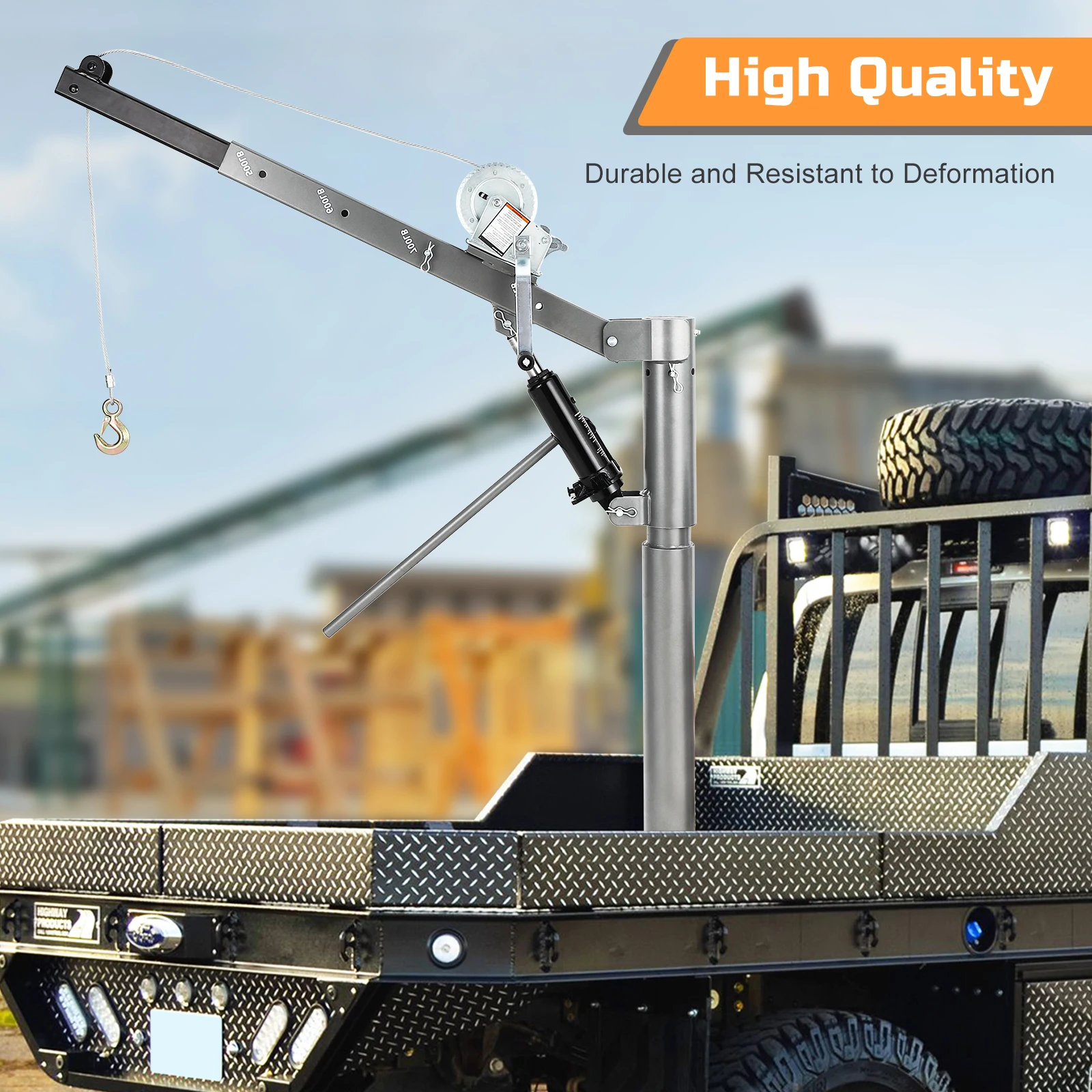 1000 lb Hydraulic Pickup Truck Bed Crane Hoist - Truck-Mounted Jib Crane w/ Manual Winch - 360° Swivel & 4-Position Adjustable Boom