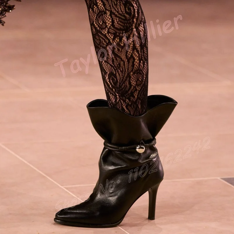 Metal Rivet Black Leather Short Boots Round Toe Stiletto Heel Lace-Up Side Zipper Bare Boots Fashionable Luxury Knight Boots 46 - Image 4
