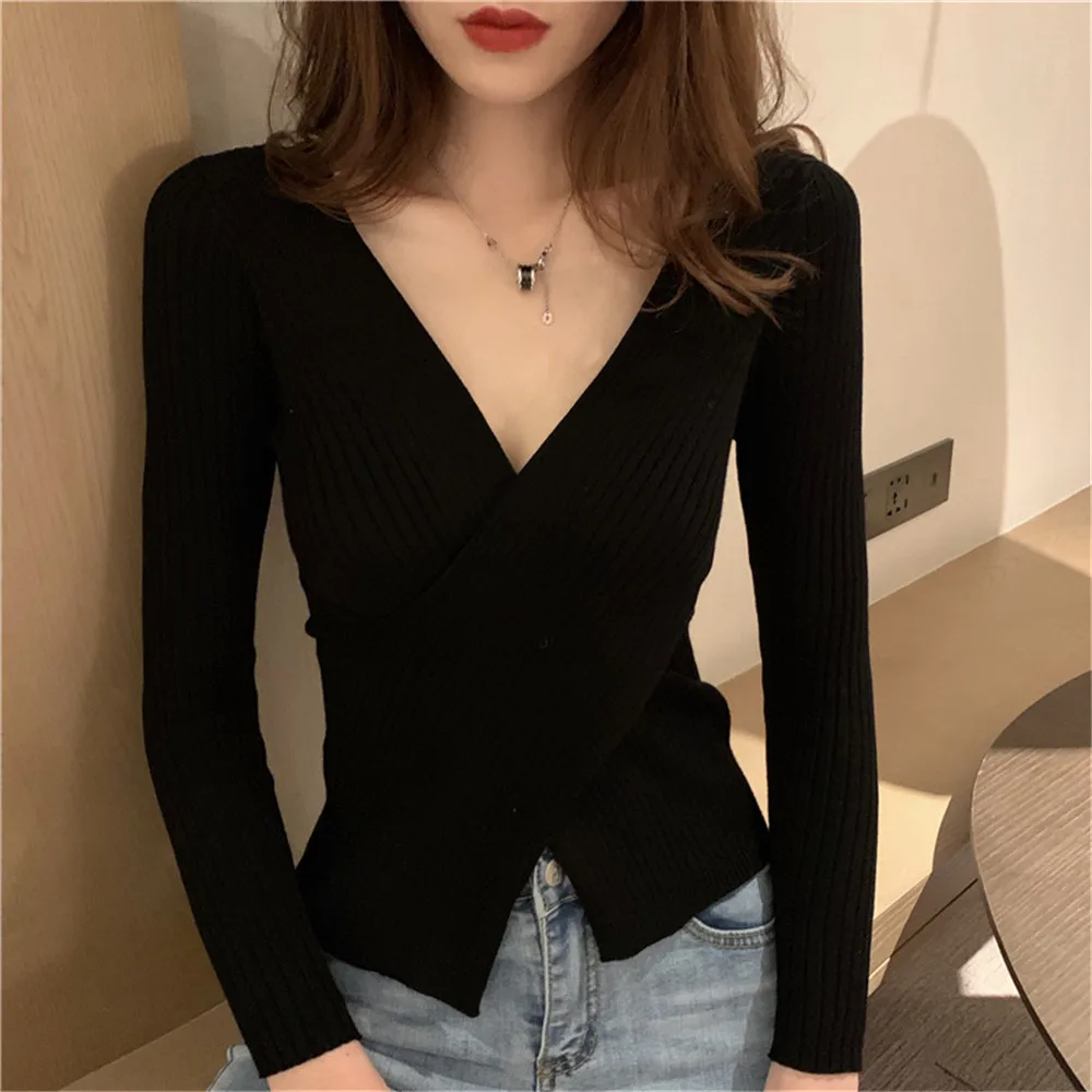 Formal DressesWomen'S V-Neck Knitted Underlay Top, Long Sleeve,  Fit, Tight, Irregular, Sexy, New, Autumn And Winter Fashio
