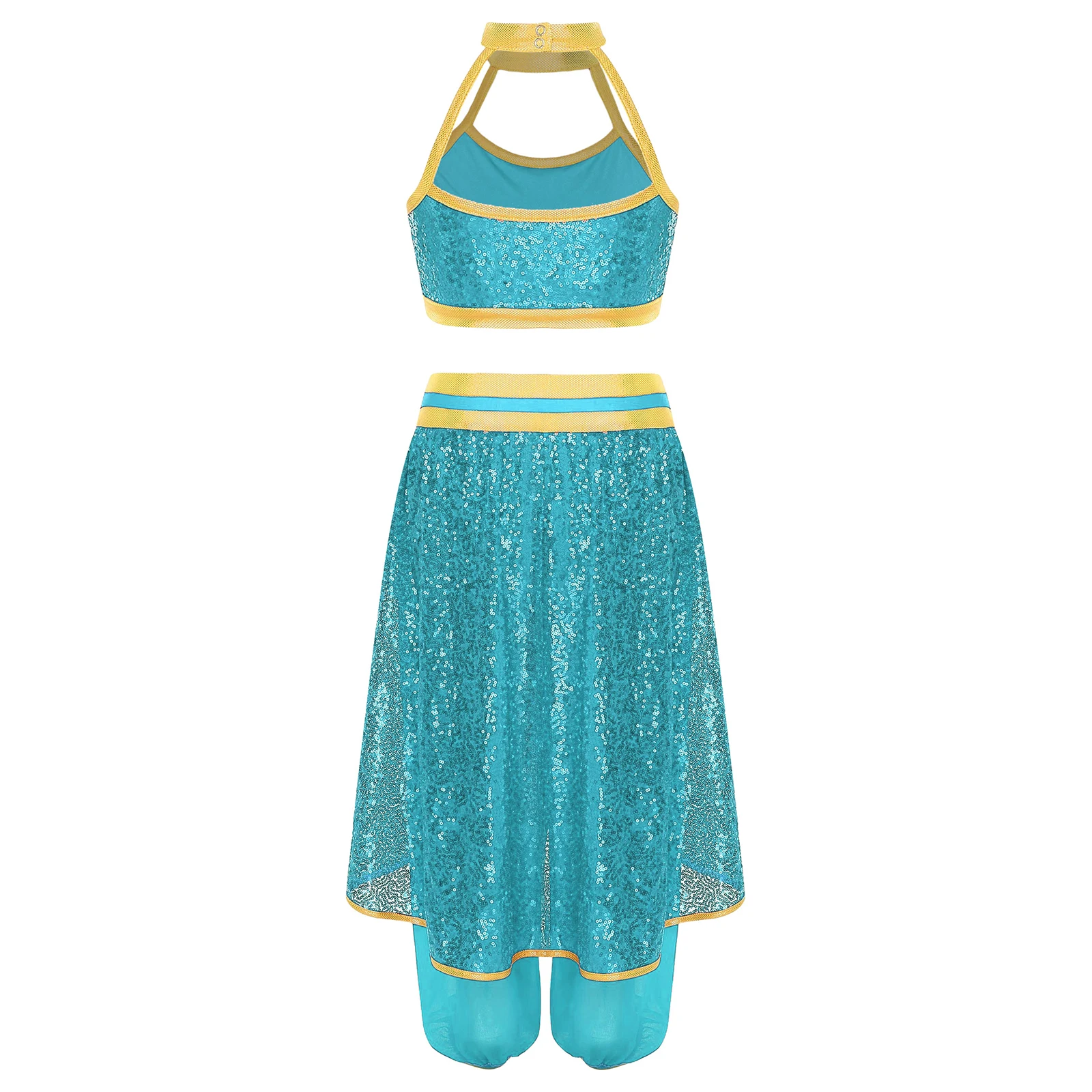 Girls Princess Belly Dance Outfit Sequin Sleeveless Crop Top with Overlay Pants Set Halloween Indian Dance Performance Dresses