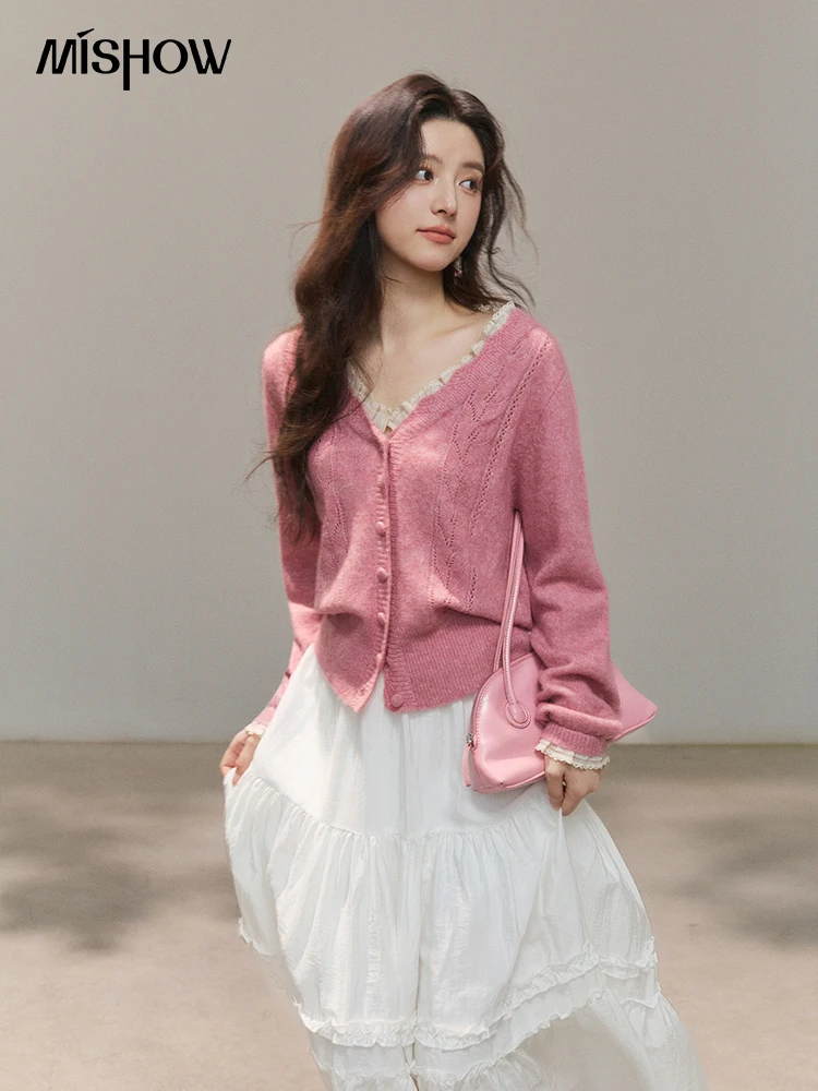 

MISHOW Women's V Neck Single Breasted Cardigan 2026 Spring Lace Trim Hollow Knitted Tops Elegant Casual Slim Pink Top MXF11Z2908