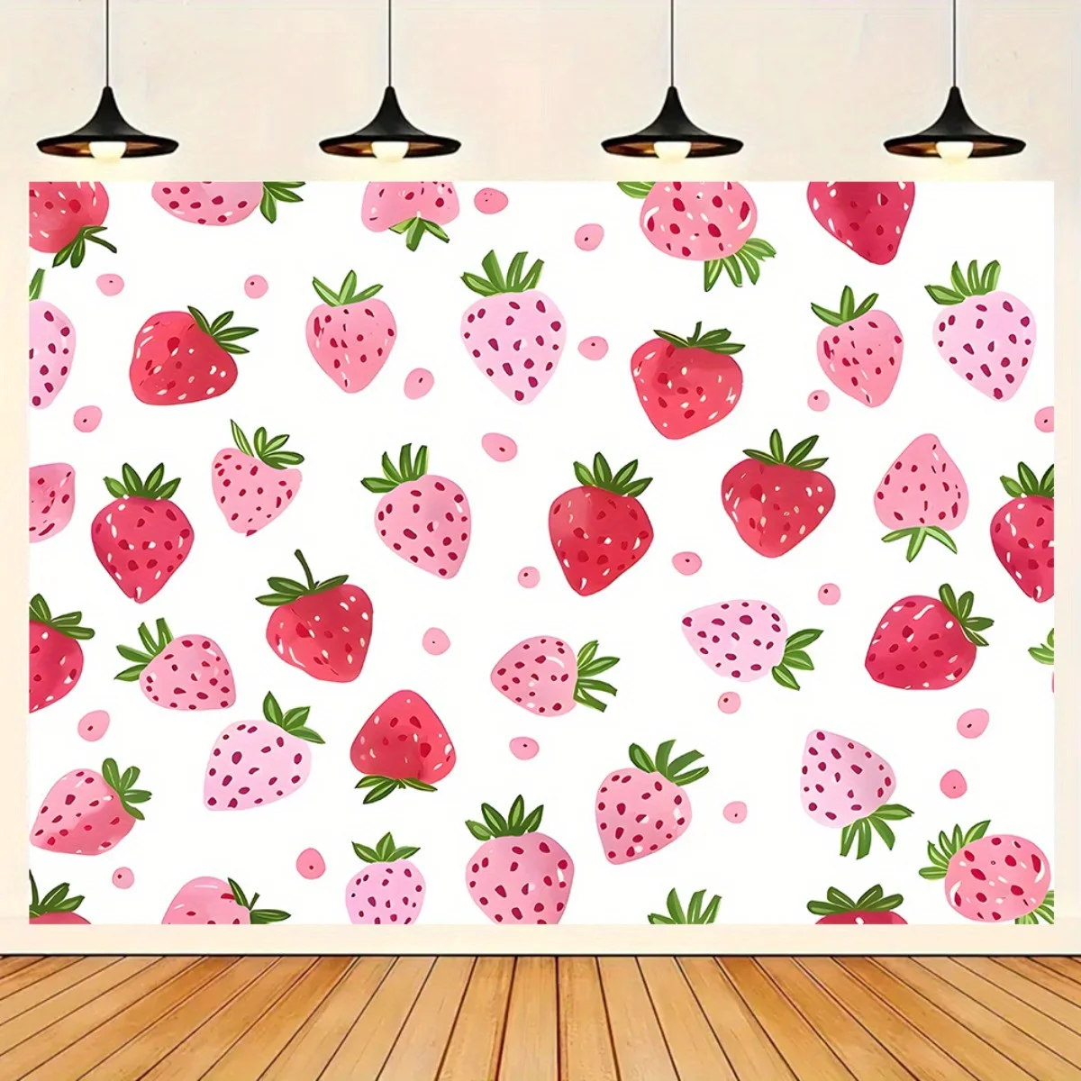 Uma enorme bandeira de fundo de morango - morangos rosa vibrantes e folhas verdes, com decoração de morango
