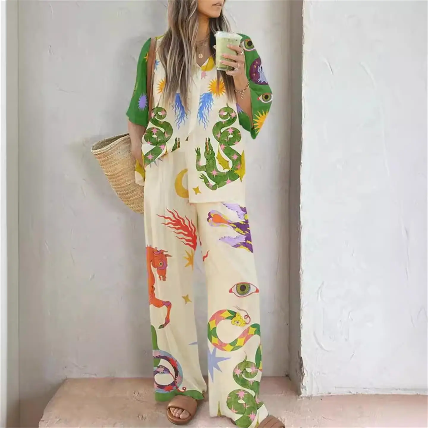 ファッショナブルなコットンリネンプリントのトップスとパンツのセット、カジュアルレトロな女性用服、ミッドウエスト、ローウエスト、PVC素材