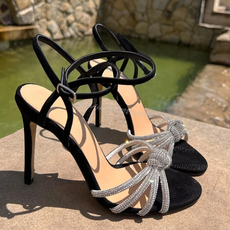 

Hot Chick Silver Crystal Chain Knotted Black Suede Heels Open Gold Bling Round Sandals Shallow Hollow Buckle Elegant Sexy Shoes