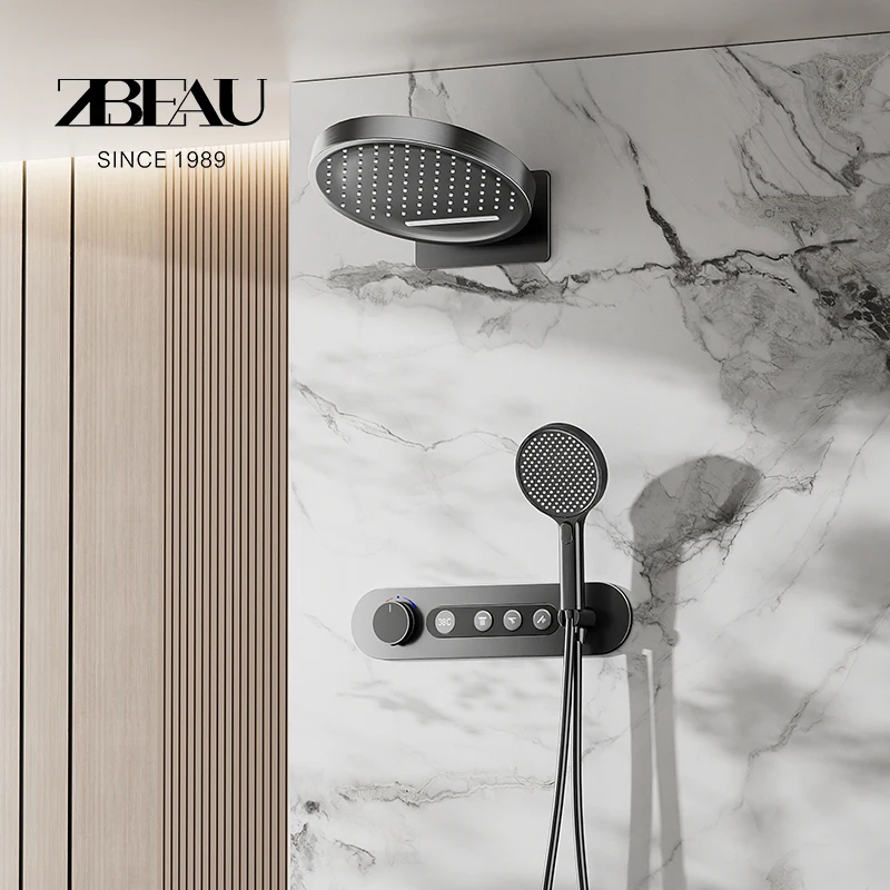 Concealed showerhead, digital display wall mounted showerhead set, pre embedded top spray waterfall, home hotel shower set