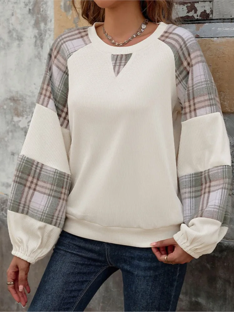

Casual loose plaid color block crew neck sweatshirt Contrast Trendy Comfortable commuting simple style Casual Knitted Pullover