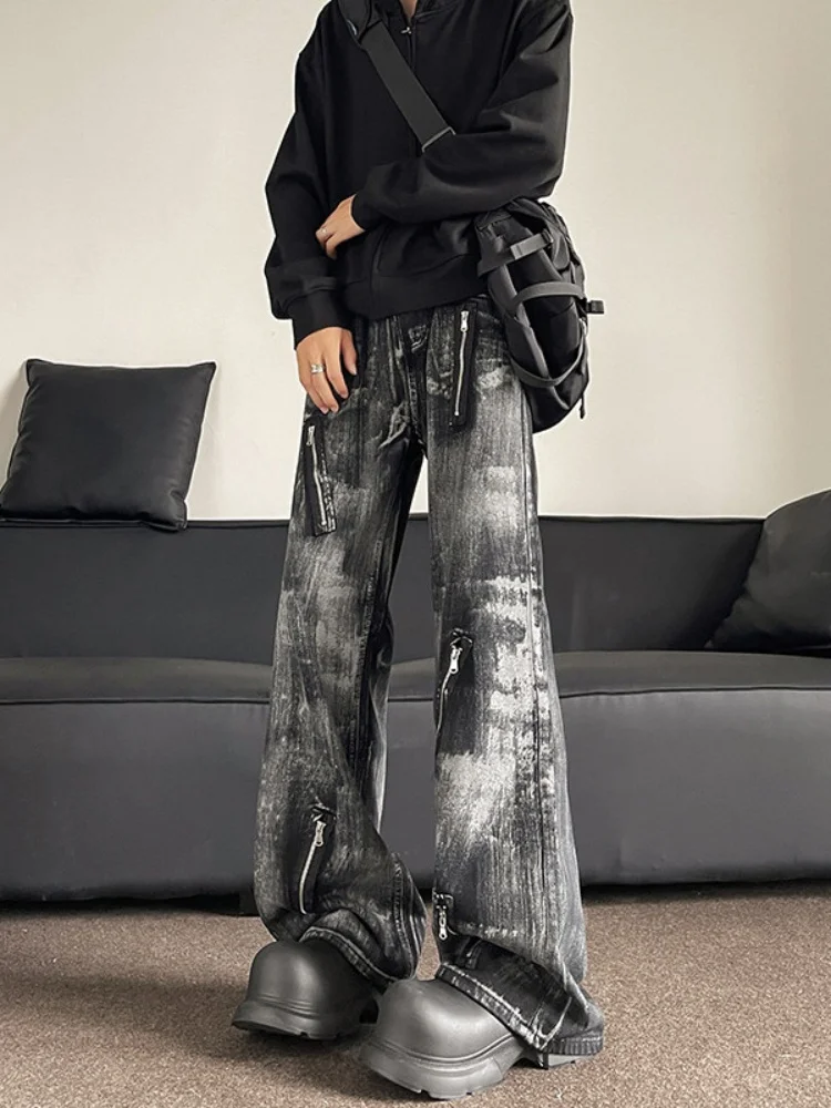 

Waed Tie Dye Wide Leg Jeans Men Spring Autumn American High Street Vibe Straight Cut Jeans Long Pants Youth Faion