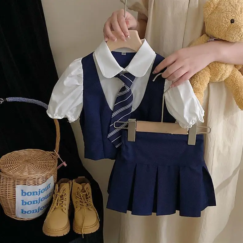 

2026 summer Teenager Girls suit Cloth short sleeve JK tie Shirt blouse + Pleated skirt dress children set 6 7 8 9 10 11 12 year
