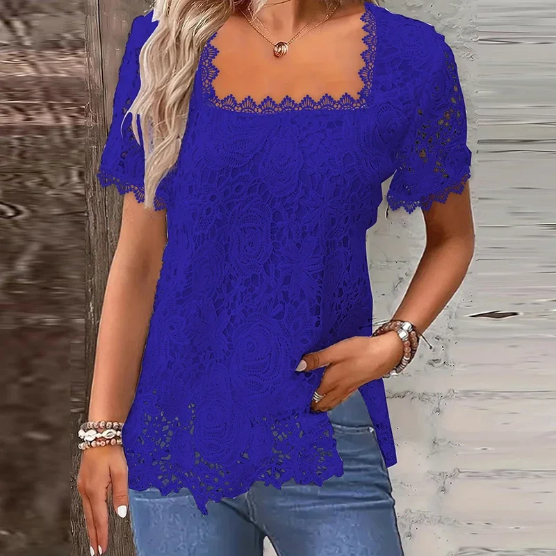 2024 New Spring Summer Lace Shirts For Women Short Sleeve Loose T Shirt Women Casual Solid White Elegant Tee Pullover