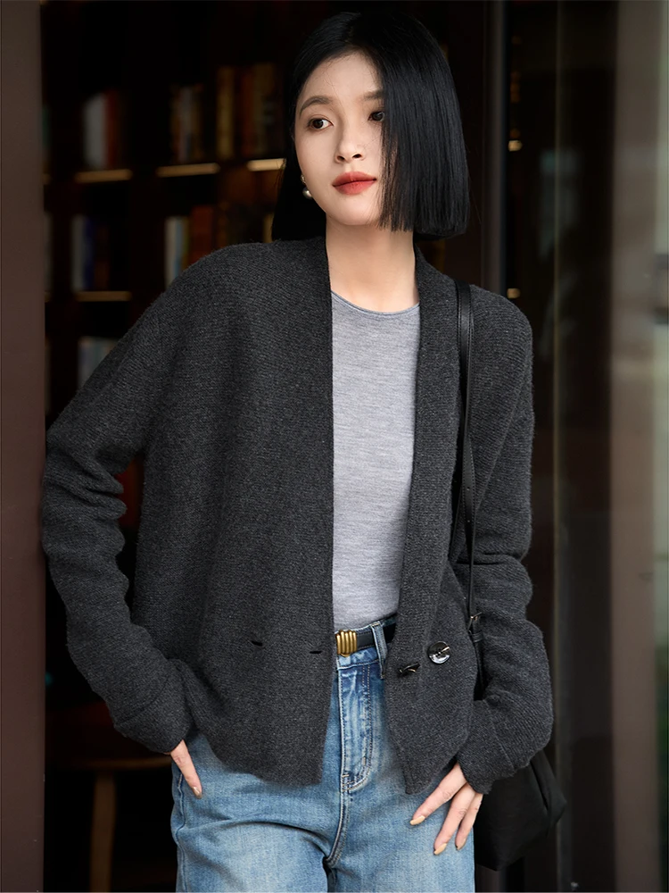 

XiaoHanGe nce Chic шерстяной вязаный открытый кардиган с v-образным вырезом и наклонным подолом, повседневный свободный крой, женский трикотаж