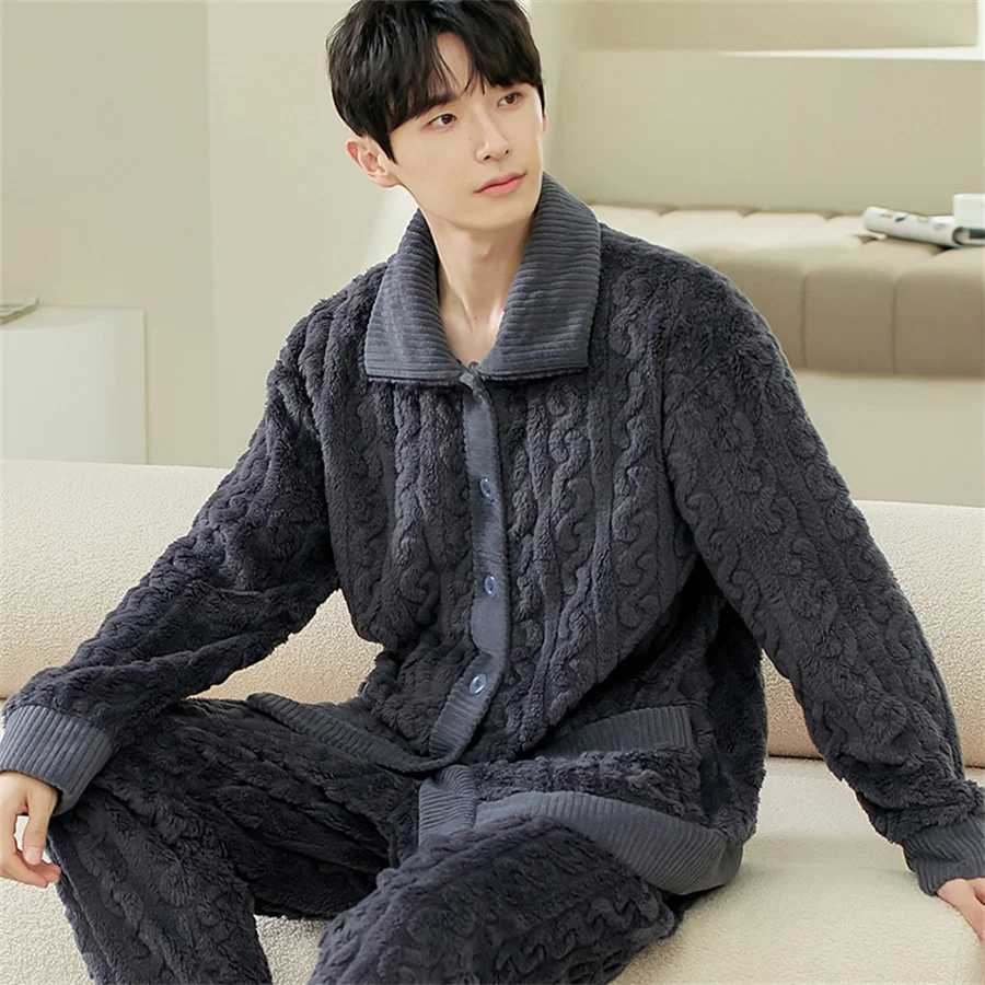 Men Warm Flannel Winter Pajamas Turn-down Collar Long Sleeve Homewear Two-piece Set Loose Comfortable Thick Sleepwear Nightwear