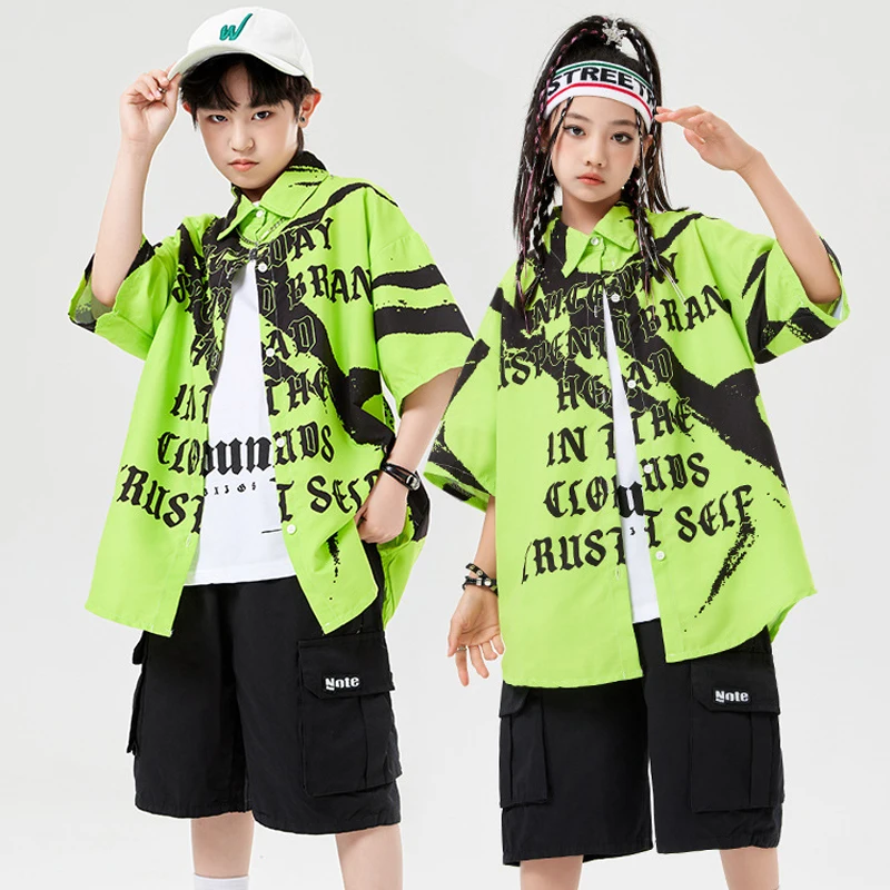 Summer Kids Street Wear Green Shirt Cargo Shorts Girls Boys Jazz Dance Costumes Hip Hop Clothing Kpop Stage Outfit SL10512