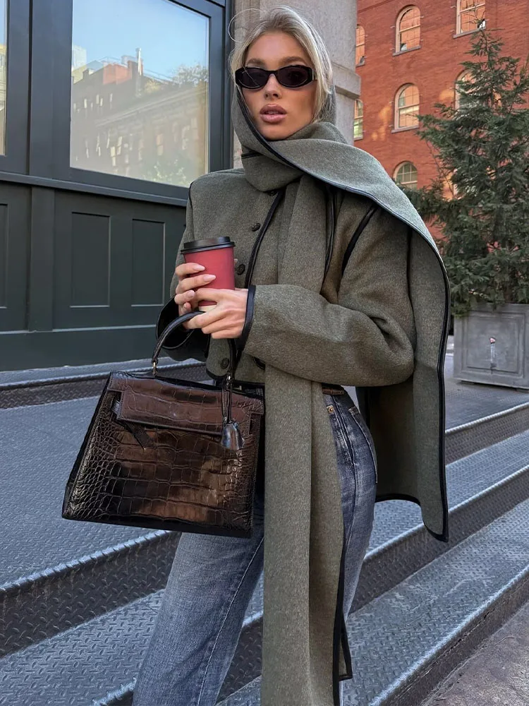 Hh feminino nova moda versátil imitação de couro cachecol casaco curto feminino simples casual único breasted bolso manga longa jaqueta