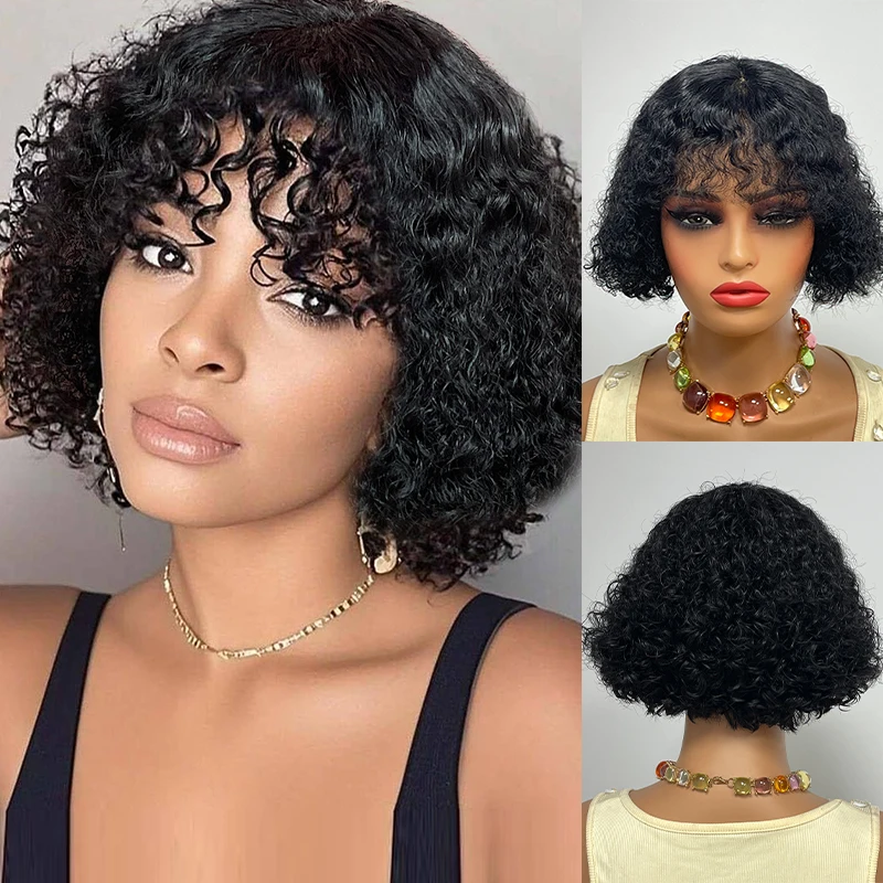 

8inch 4x4inch Lace Front Full Human Hair Wigs Short Pixie Jerry Curl Pre Plucked Glueless with Bangs Bob for Women Remy Hair Wig
