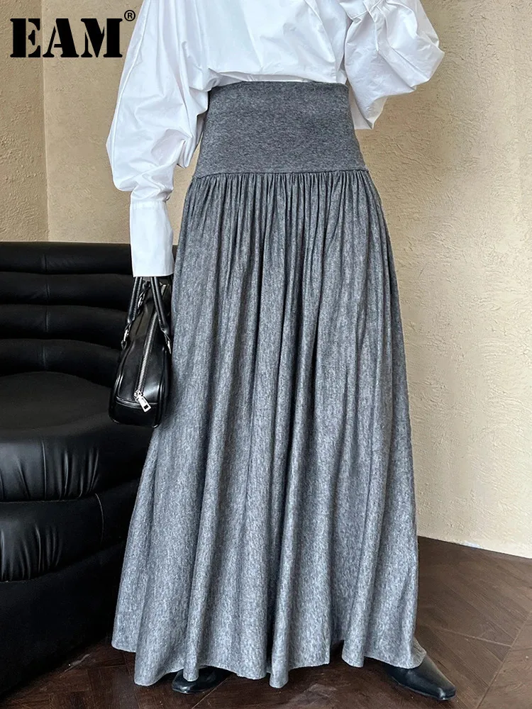 [EAM] High Elastic Waist Gray Pleatetd Elegant Long A-line Half-body Skirt Women Fashion Tide New Spring Autumn 2024 1DH7203