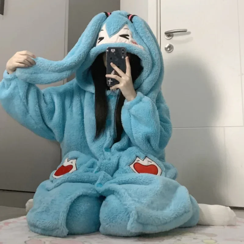 Anime Print Soft Plush Pajamas Suit Kawaii Coral Fleece Hooded Night Robe Long Pants Two Pieces Set For Women Plus Size Homewear