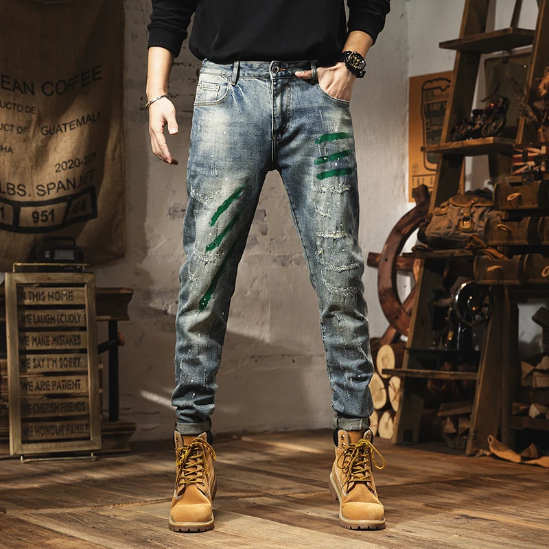 

Casual Men's Distred Tie-Dye Denim Jeans Spring 2023 Trendy Brand Patch Elastic Slim Fit Long Pants Cotton Elastic Fabric