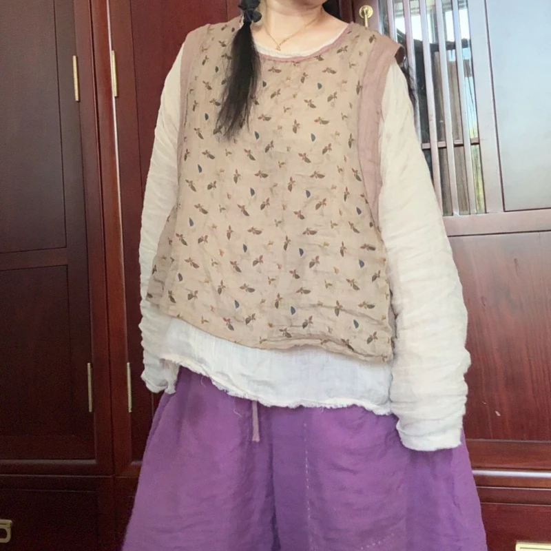 

Женские повседневные топы на бретелях Ramie, Новое поступление, осень 2021, винтажный стиль, свободные женские топы без рукавов с круглым вырезом в стиле пэчворк, футболки