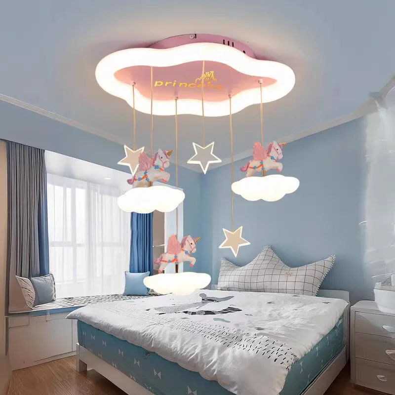 Children's room pendant light modern simple girl unicorn princess room bedroom light cartoon flying horse ceiling light