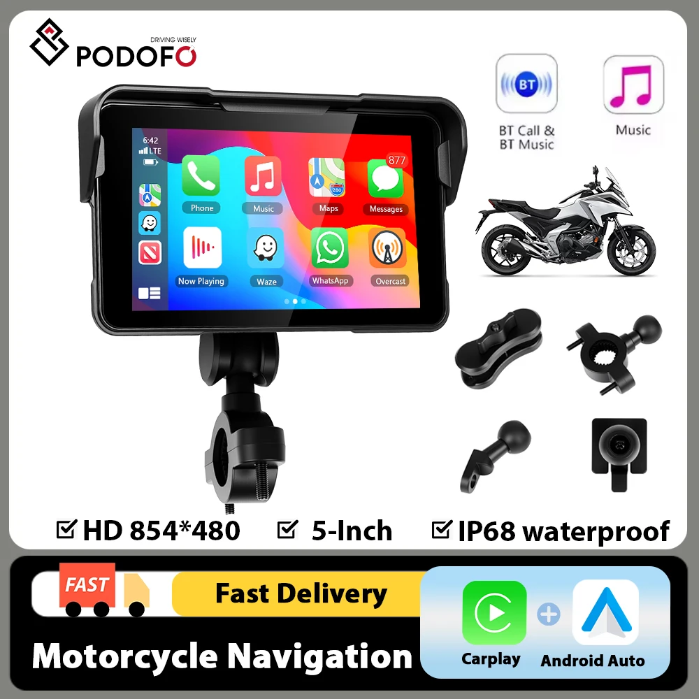Podofo Kabelloser Carplay Android Auto Motorrad Smart Screen Player 5 Zoll HD Großbildschirm Tragbarer Display-Player IP68 Wasserdicht