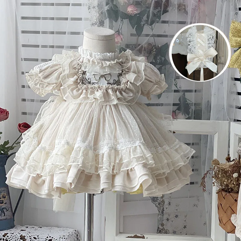 

Lolita Princess Dress Apricot Lace Tutu Baby Girl First Birthday Ball Gown Vintage Party Princess Baptism Clothes With hairband