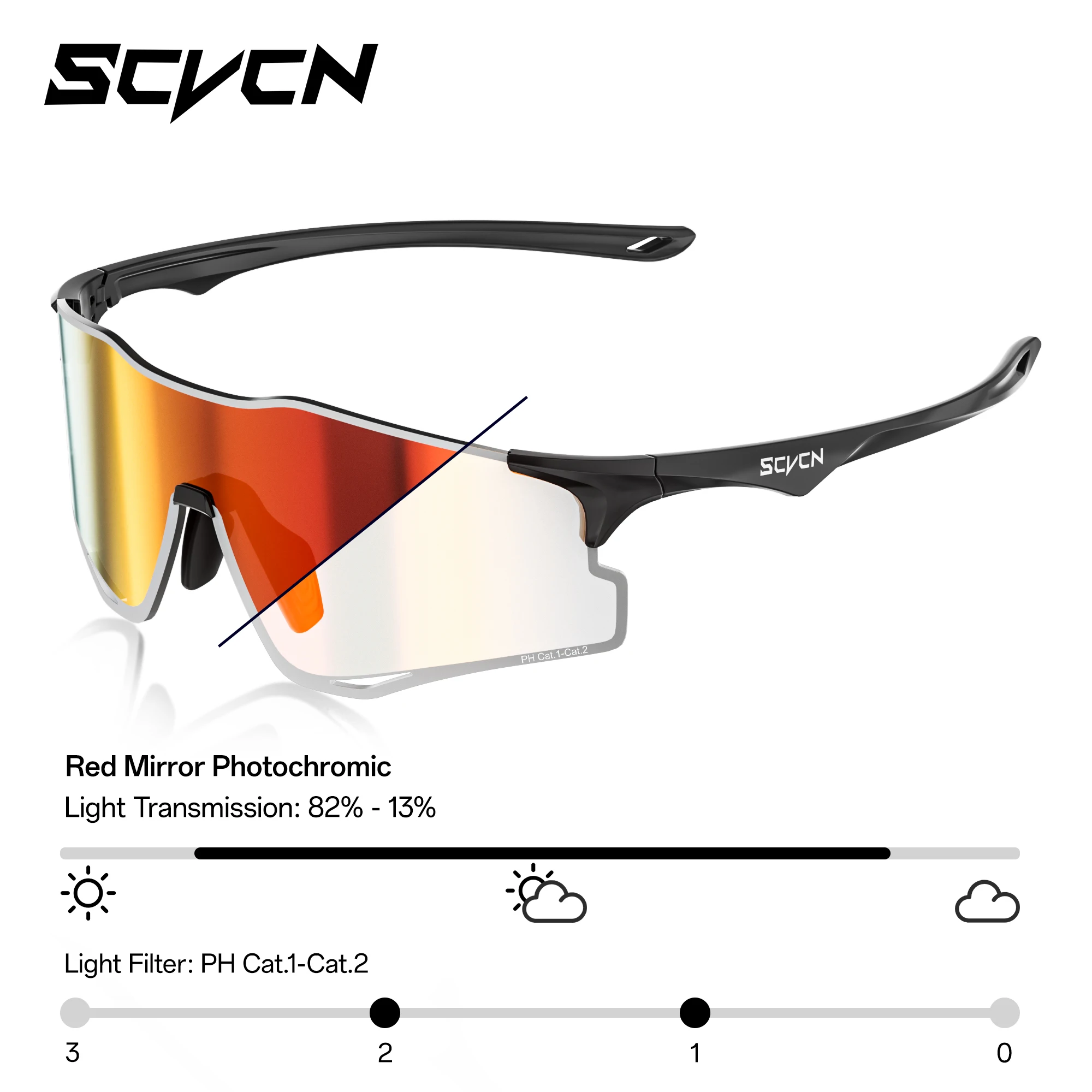 Image of Scvcn Photochrome Laufsonnenbrille für Herren und Damen, Marathon, ultraleichte Brille, Outdoor-Sport, Radfahren, Rennrad, UV400-Brille