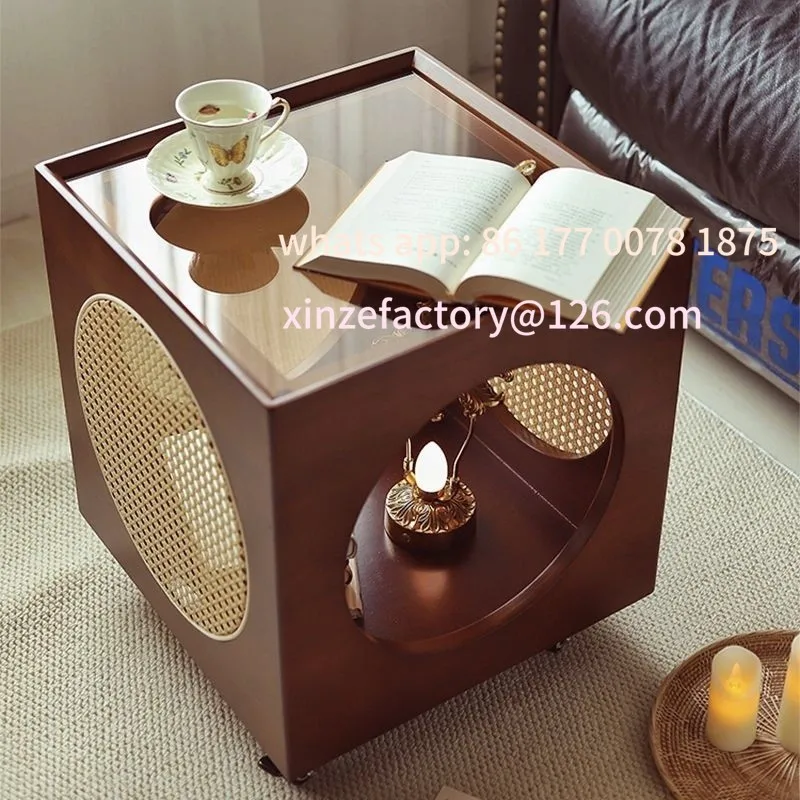 

Customizable Retro-style Living Room Movable Tea Table Simple Trolley Coffee Table Bedside Table Solid Wood Rattan Weaving