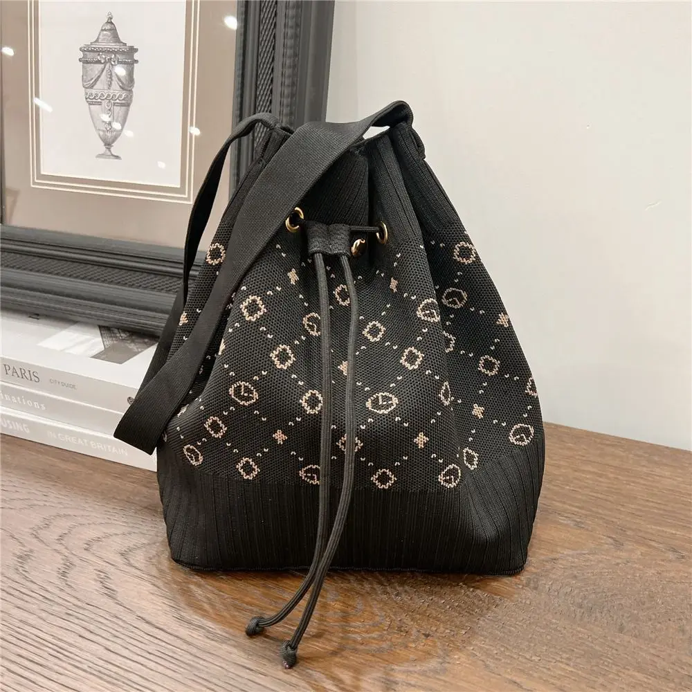 Open Drawstring Magnetic Buckle Knitted Shoulder Bag Fashion Shoulder Bag Tote Handbag Large Capacity Drawstring Shopping Bag