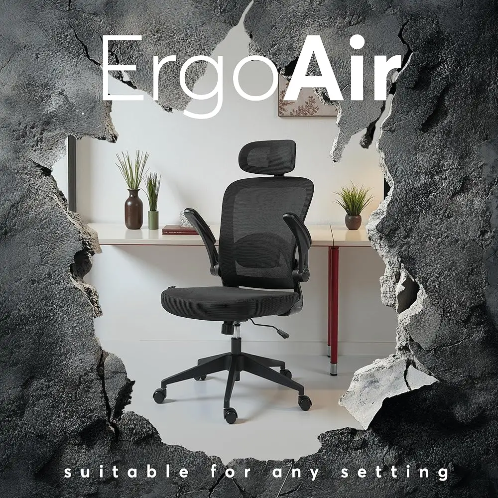 Ergoair Ergonomic Office Chair – Adjustable Lumbar Support, Flip-Up Armrests, Mesh Computer Desk Chair, Swivel Rolling