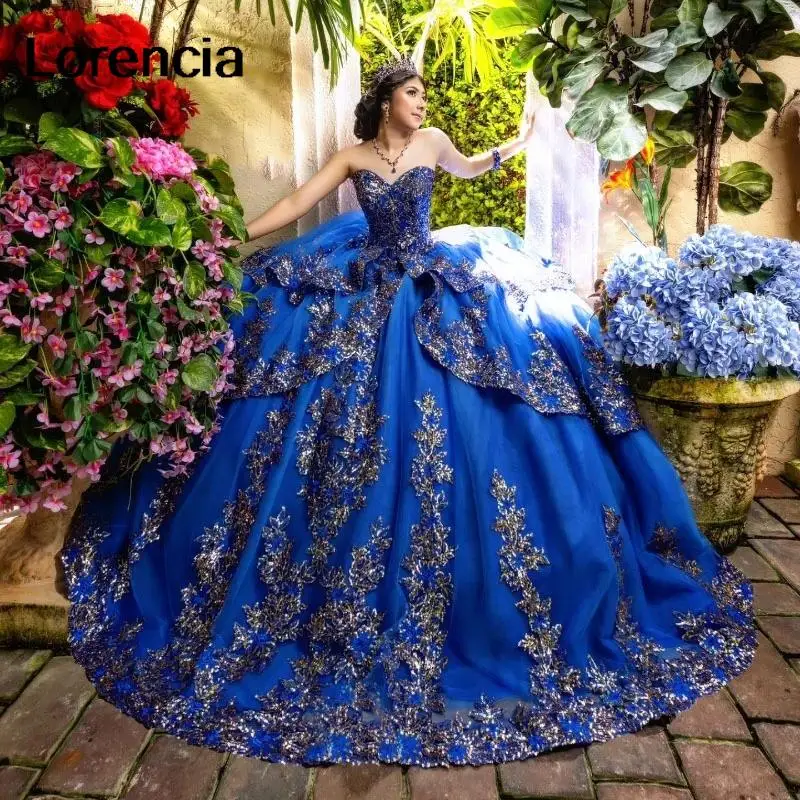 Vestido Lorencia Royal Blue Quinceanera, Apliques de renda, miçanga de cristal, espartilho Princess, Sweet 16, YQD576, 2024