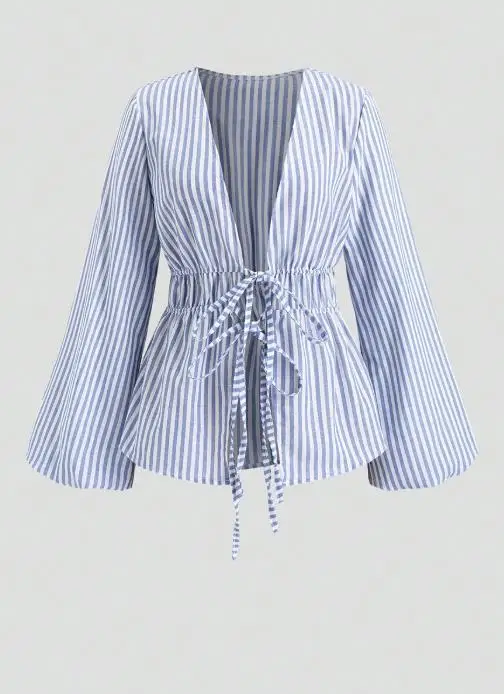 

Осень 2025, новая полосатая рубашка с длинными рукавами, рубашка на шнуровке, глубокий v-образный вырез, полосатый принт, рукав-фонарь, женская сексуальная шифоновая рубашка