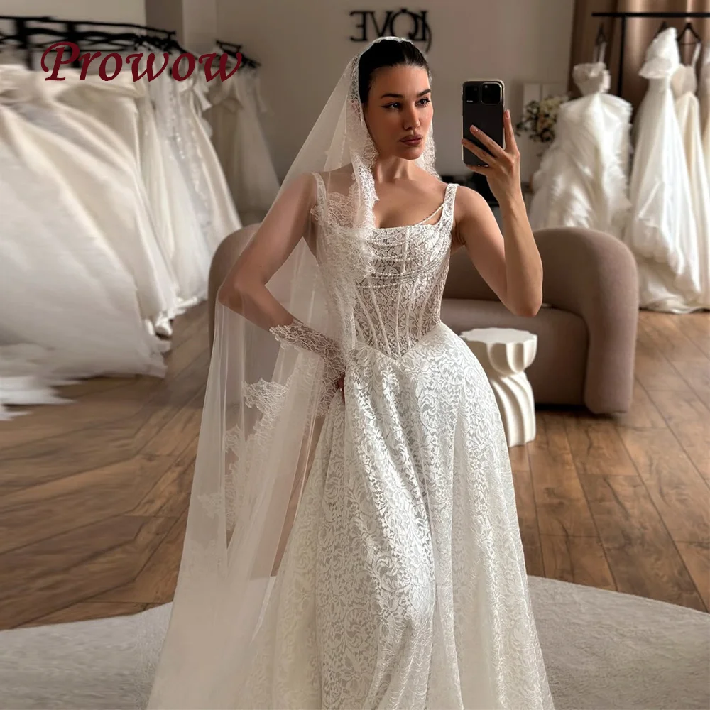

Prowow Luxury Lace A Line Wedding Dresses Square Collar Customized Pearls Bridal Gowns Sweep Train Vestidos De Novia Lace-up