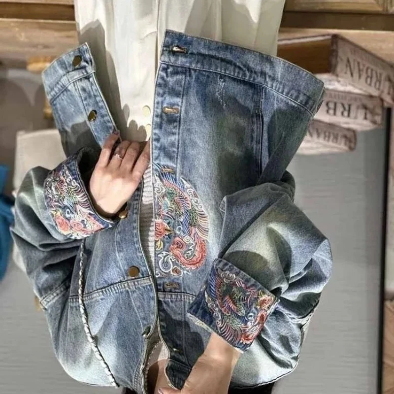 

Женская винтажная джинсовая блузка-жакет с вышивкой, свободного кроя, укороченная, новая, удобная, минималистичная, повседневная, универсальная, модная