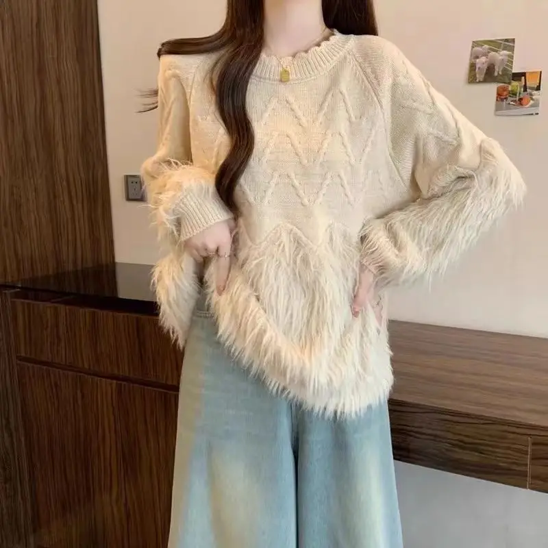 

New Lazy Style Faux Mink Spliced Tassel Oversized Belly Covering Round Neck Pullover Jacquard Sweater