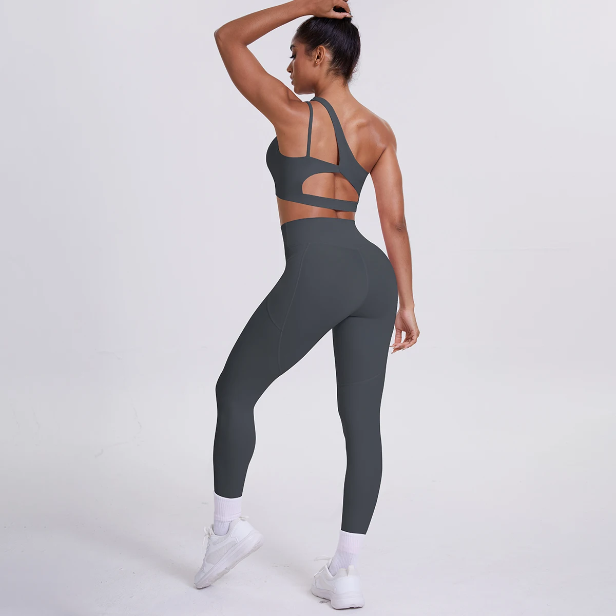 2-teiliges einfarbiges Sport-Yoga-Set für Damen, sexy, schräger Schulter-BH, Fitness-Top, Laufen, Radfahren, Taschen, Hosen, Fitnessstudio, Yoga-Set – Detail 25